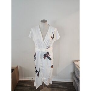 FEHAUTE White Floral Leaf Print V-Neck Midi Wrap Dress Size 8 NWT